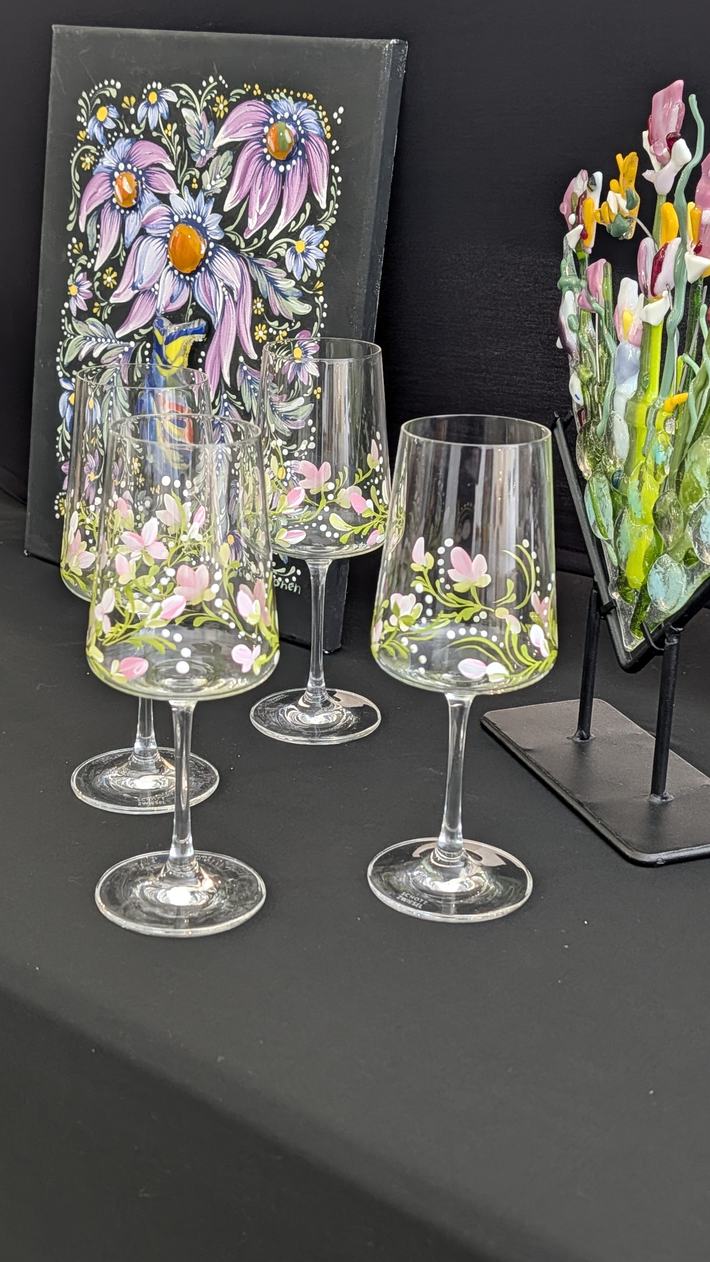 Glass fusion art and painted champagne flutes
